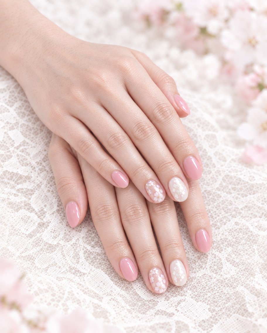 ピンクのワンカラーと桜のアートを組み合わせたネイルをした手元